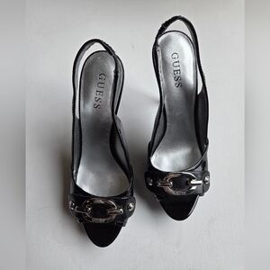 Guess Black Patent Open-Toe Slingback Heels with Silver Hardware Women's Size 7